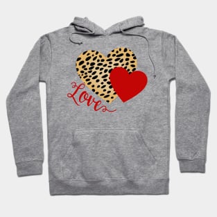 Red and Cheetah Pattern Hearts with Love Text Hoodie